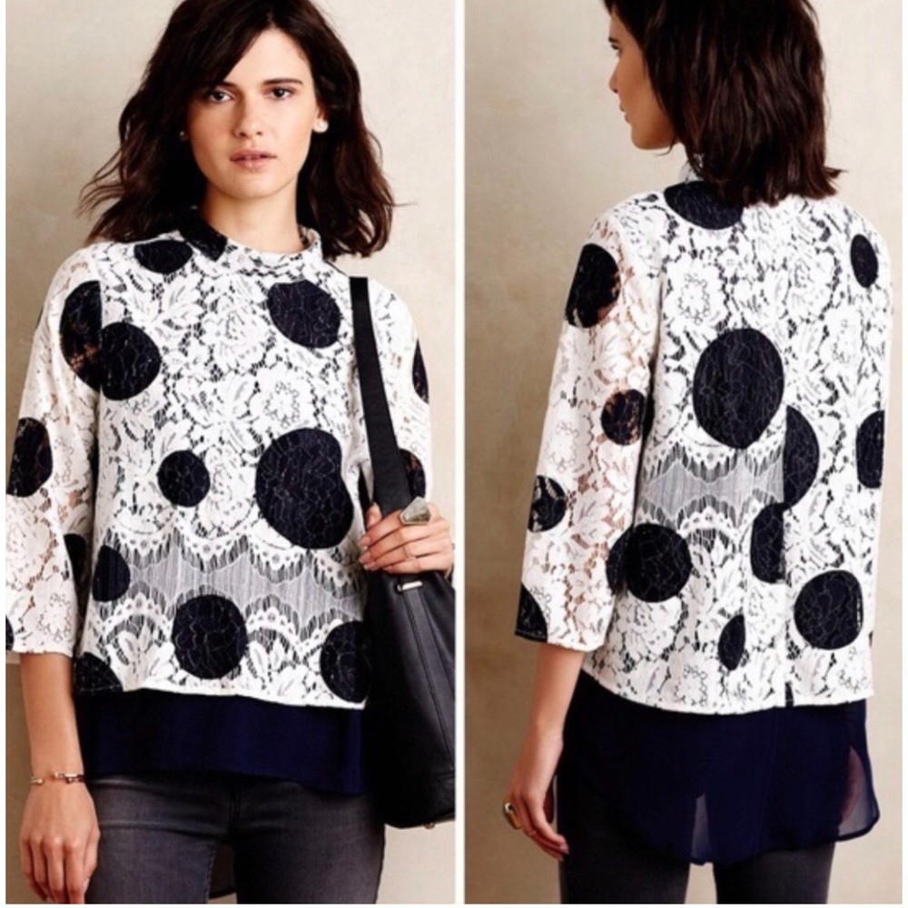HD IN PARIS Romantic Lace Polka Dots Navy Blue White Blouse